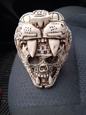 Carved Tribal Jaguar Skull Mask - White/Brown